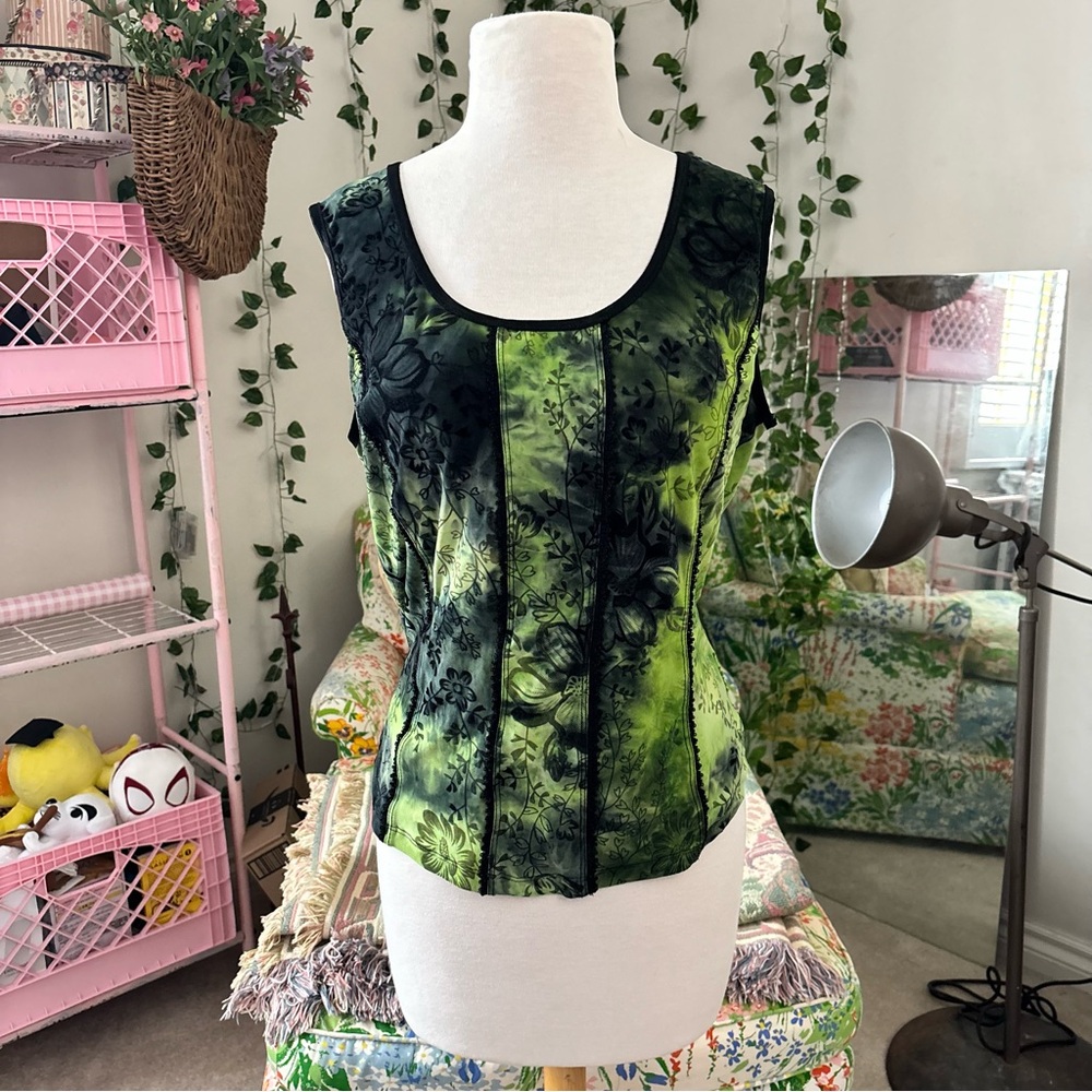 Y2K Green Floral Panel Top Corset Stretch Slinky Tank Fairy Grunge XL